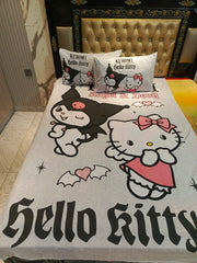 Kuromi & Kitty Gothic Romance Cotton Single Bedsheets With 2 Pillow Covers