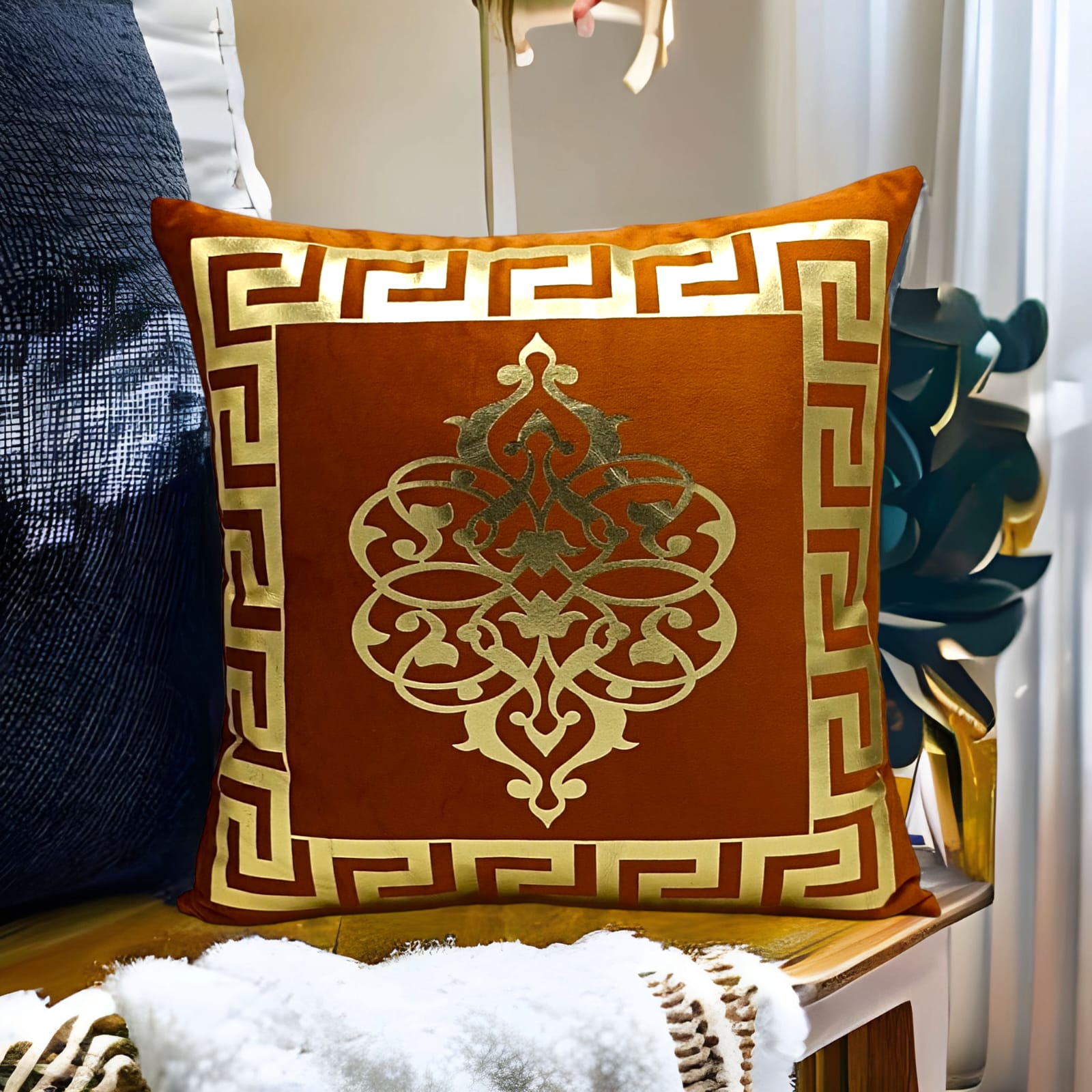 Golden Foil Cushions Covers Copper Brown