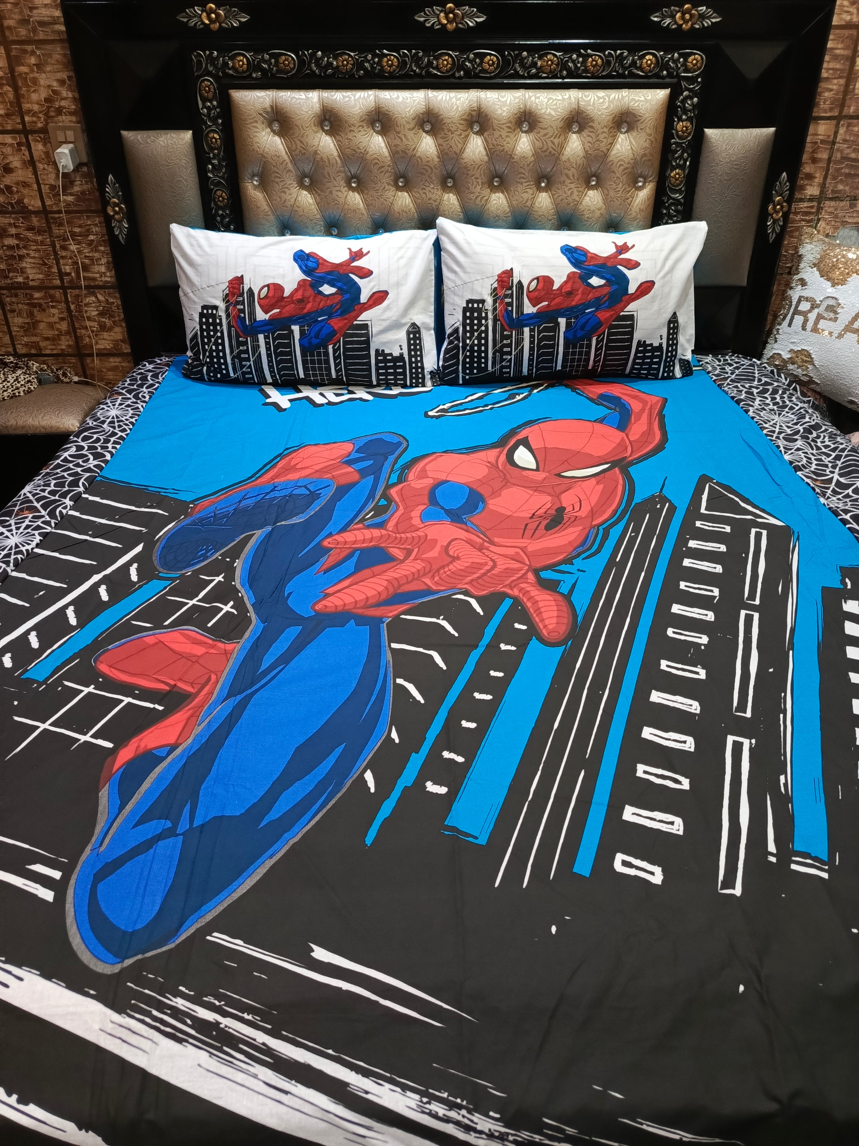 Spiderman Black Building Cotton Bedsheets