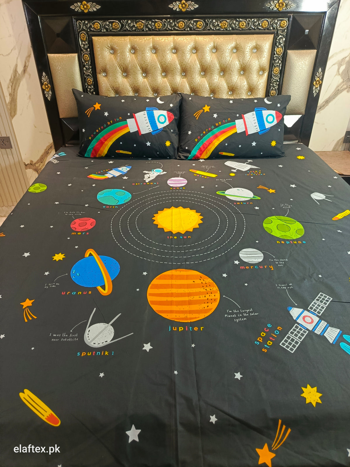 Black Solar System Double Bedsheet