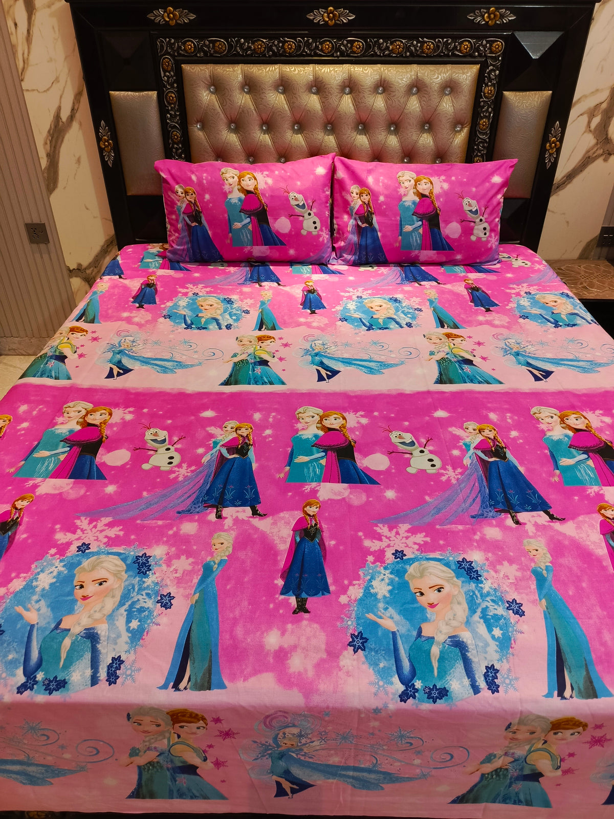 Anna Elsa Pink Full Theme Cotton Double Bedsheets