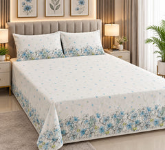 Blue Blossom Meadow Cotton Double Bedsheets