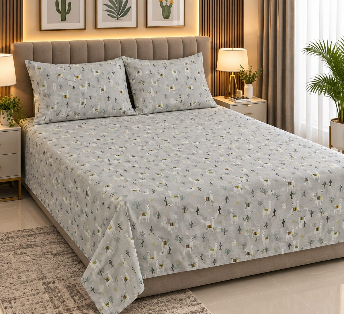 Llama Desert Trek Cotton Double Bedsheets