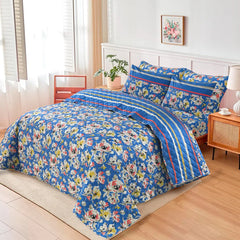 Blue Stripes Flowers Paintings Comforter set 6pc