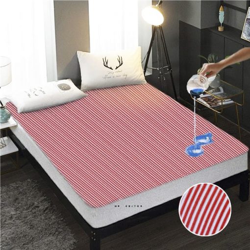 Stripe Terry Towel 100% Waterproof Fitted Mattress Protector In Red Color