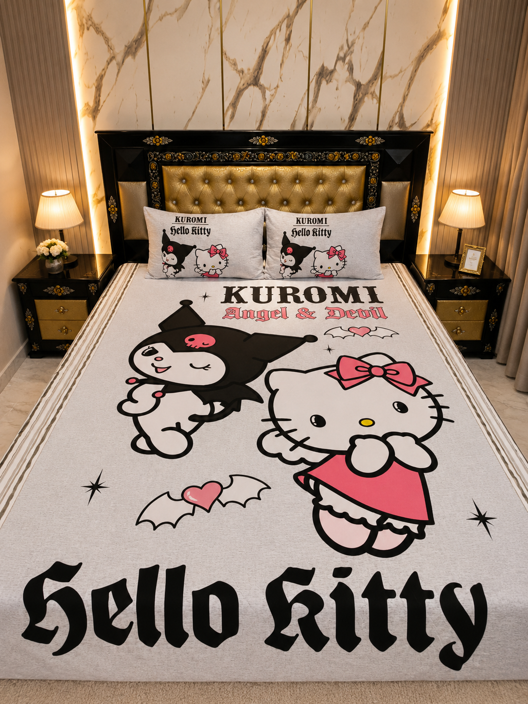 Kuromi & Kitty Gothic Romance Cotton Double Bedsheets with 2 Pillow Covers