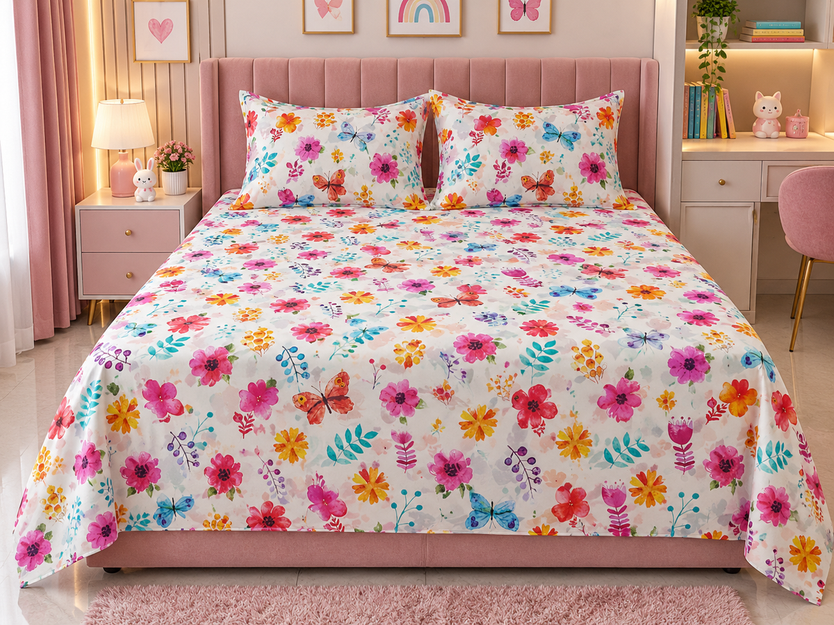 🌸 Butterfly Blossom Cotton Bedsheet