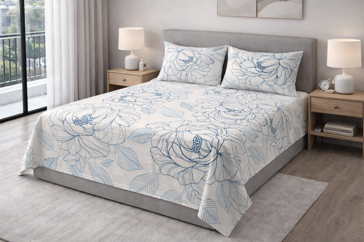 Blue Line Florals Cotton Double Bedsheets